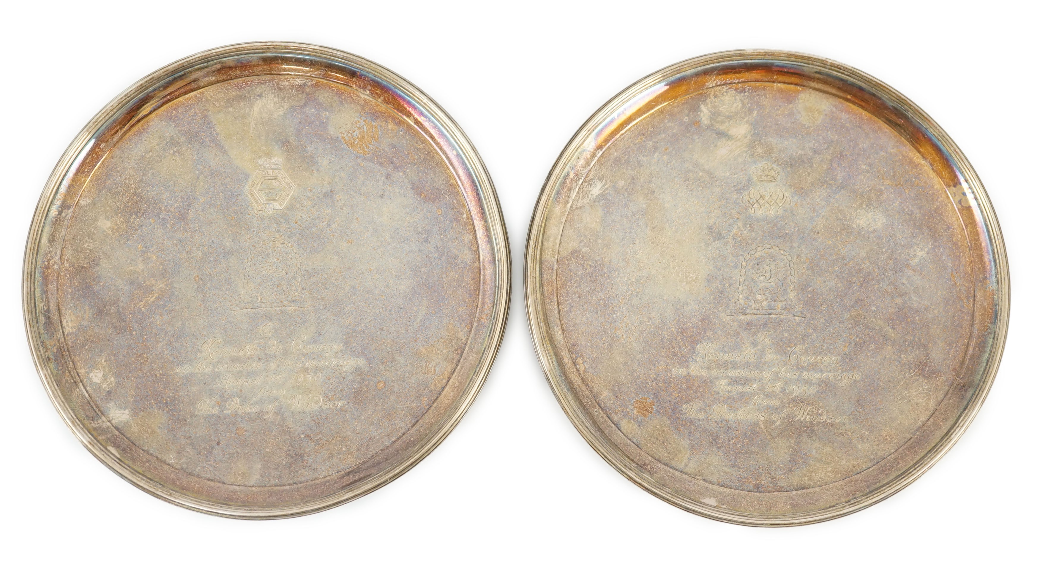 A pair of George III silver waiters, by Crouch & Hannam, with later engraved Royal presentation inscription and crest, 'To Kenneth de Courcy on the occasion of his marriage August 1st 1950, from The Duke & Duchess of Win